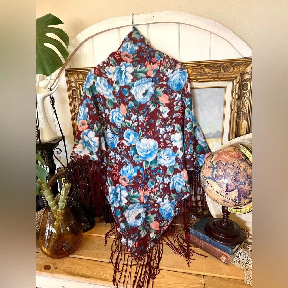 New! Aratta Silent Journey Plum And Navy Floral Beaded Wrap Shawl Butterfly Pin